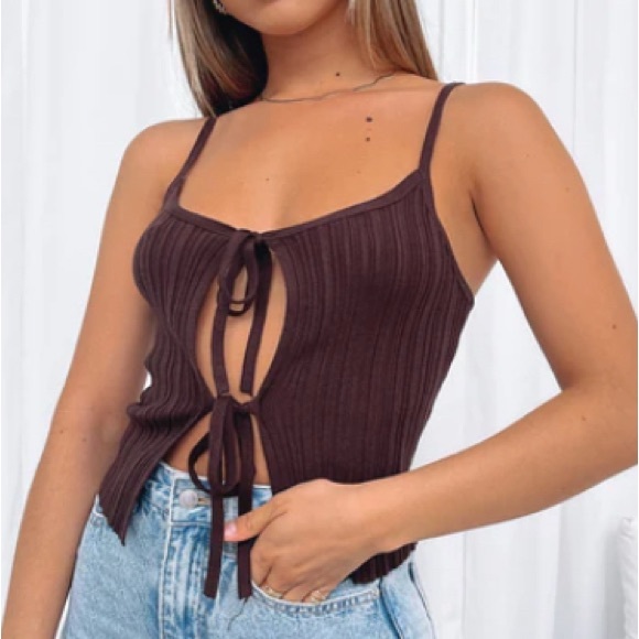 White Fox Boutique Tops - White Fox Boutique Chocolate Ribbed Tie-Front Tank Top